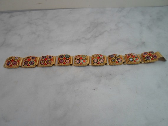 Vintage Bracelet Mosaic Painted Tiles Floral Gold… - image 2