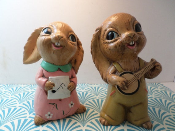 Vintage 70's country bunnies figurines rabbit couple super cute