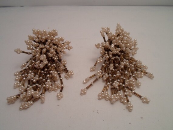 Antique Vintage 1950's Mini Pearl Shower Spray Clip On Earrings 3.50"l Fabulous Regency Style Hand Beaded Wedding Prom Graduation