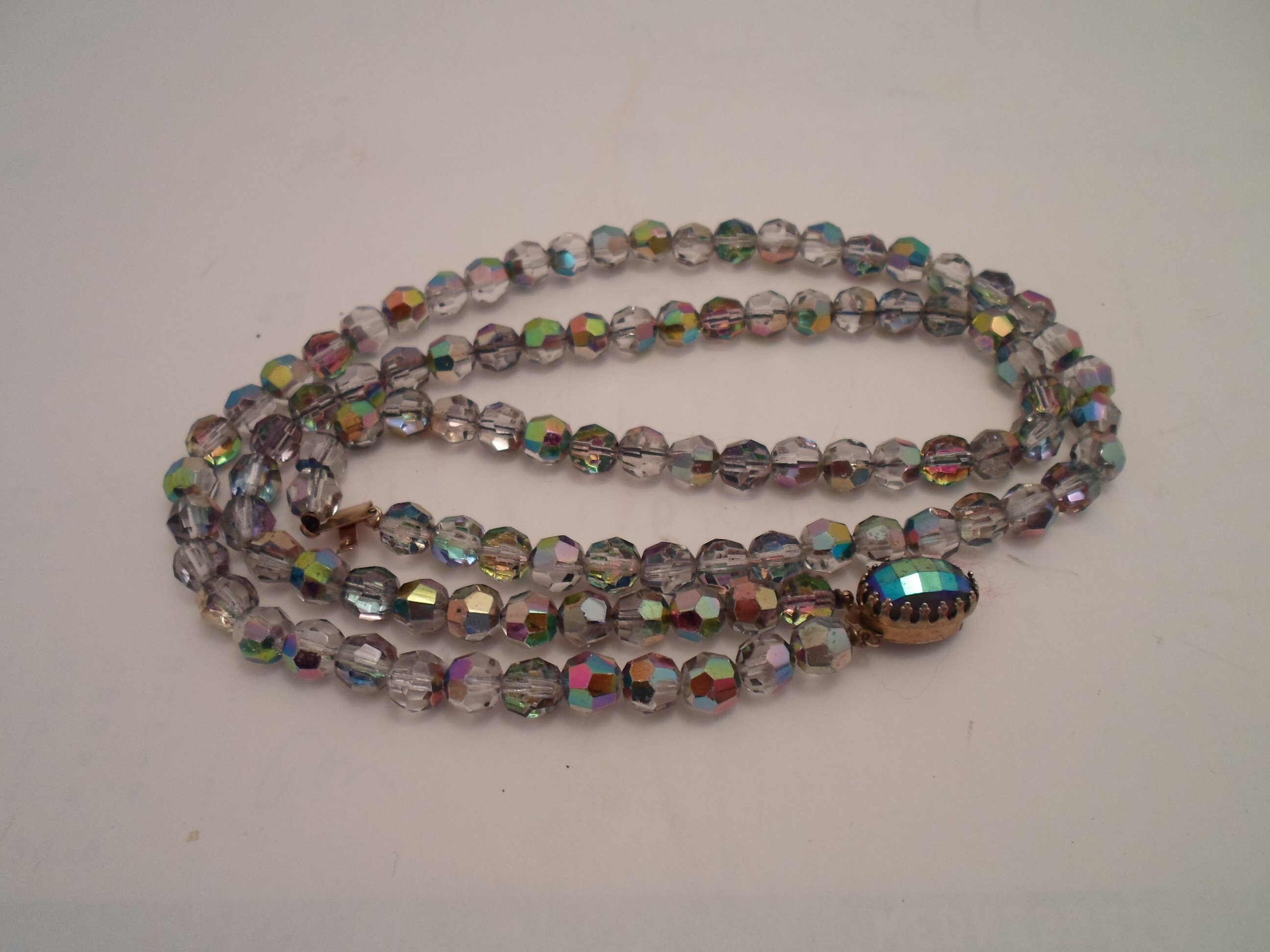 Vintage Faceted Iridescent Crystal Beaded Necklace Reflects light and color Stunning Double Strand