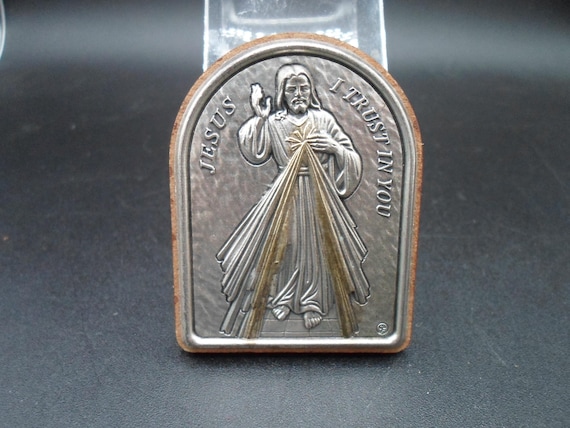 Vintage Mini Sacred Heart plaque Pocket Saint Jesus I Trust in You 2" Adorable Wood and Metal