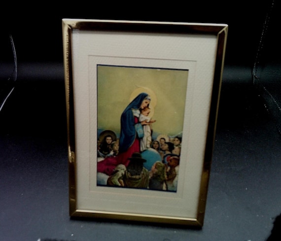 Vintage Art Deco Original Print Framed in Brass Virgin Mary Child Jesus People of many Cultures Brass Frame