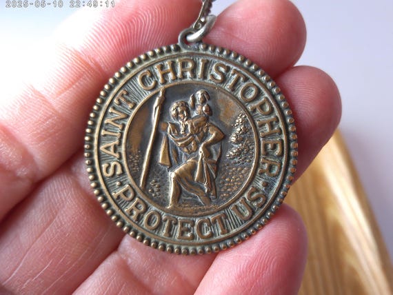 Antique Saint Christopher Protect Us half a dollar sized brass medal on antique silver chain rustic lovely vintage