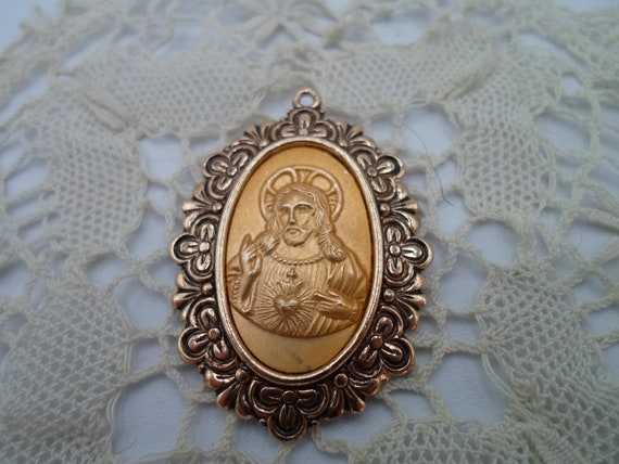 Vintage Sacred Heart Medal German 1.75"L Beautiful Blown Out Mold of Christ Pictured Frame carved border