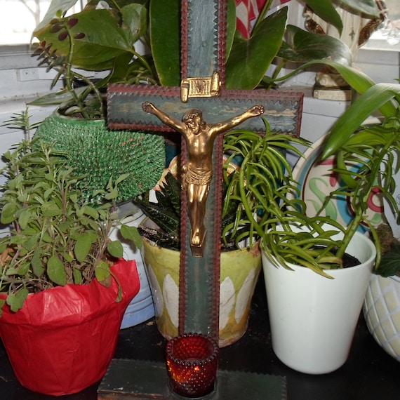 Antique Tramp Art Crucifix Altar Shrine with Votive  Hand Made Painted Wood Folk Art Superb Colors 18"