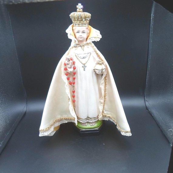 Vintage Jeweled Infant of Prague Hand Painted Chalkware Statue Jesus Catholic Serene Devotional Rosary Satin Cape 12" Lovely Condition