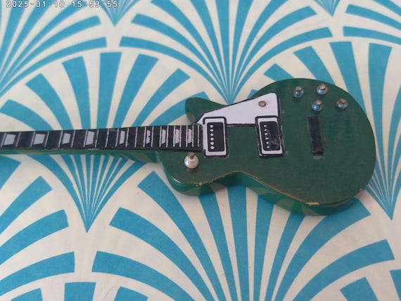 vintage keychain 80's kelly green guitar 4" long made from wood metal hardware