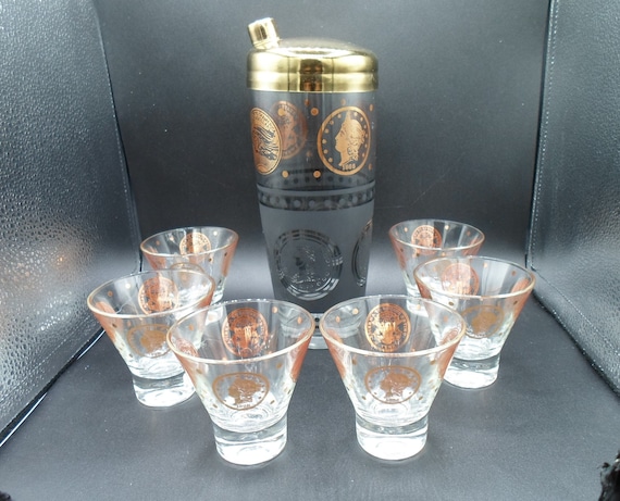Vintage Mid Century 7 Piece Cocktail Shaker and 6 Old Fashion Glasses Interesting Gold Leaf USA Coin Motif Cool MCM