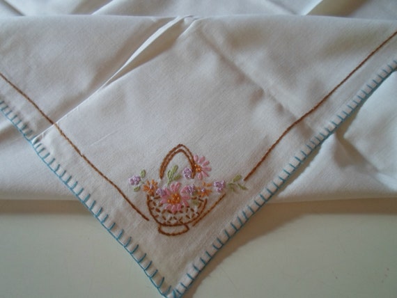 Antique Vintage hand embroidered and stitched edge Tea Table Cloth High Tea Table Top cloth Baskets and Flowers Cottage chic