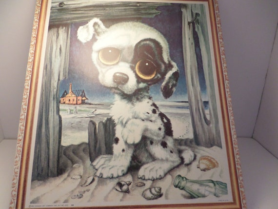 Vintage '65 Donald Art Co inc sad eyed puppy at the beach black and white spotted dog picture