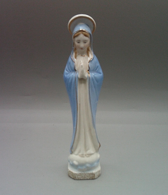 Vintage Porcelain Blessed Virgin Mary Statue Beautiful Blue 8" Gold Leaf Trim