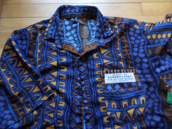 Vintage 90's tribal urban button down Jeans of exportation for all the world size L royal blue brown gold