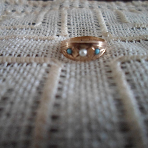 Antique 10k Gold Turquoise Seed Pearl Baby Ring 1890's Age of Innocence Era Infant Ring Christening as is