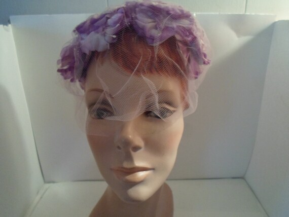 Mid Century Net and Pansy Floral Hat Shades of Lavender Pansies Pearl Stamens Velvet Bow Replacement Head Covering