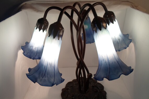 Vintage Tiffany Lily Lamp 5 Light Lily Trumpet Shades Blue Murano Like Glass Lily Pond Pad Base Decorator Dream Shabby Chic