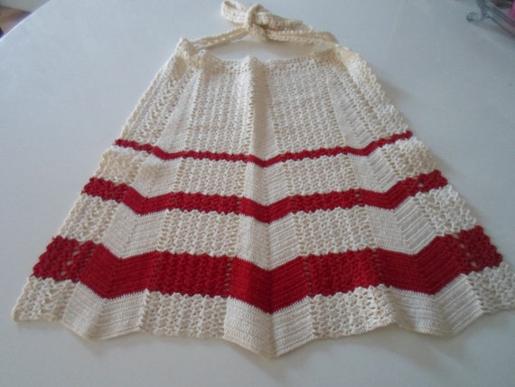 Vintage Hand Crocheted Apron Adorable Wedding Apron or Everyday Delight small light stain