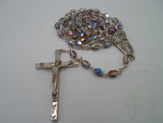 Vintage Iridescent Rosary Faceted Oval Beads Gospa iz Medugorja Medal