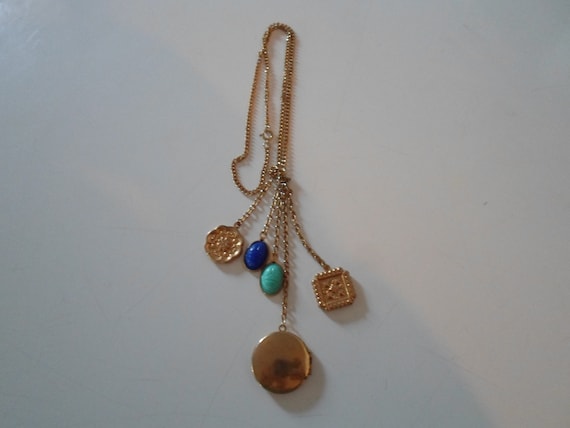Vintage Chatelaine Style Necklace Locket Scarabs Repousse type Medals 1980's