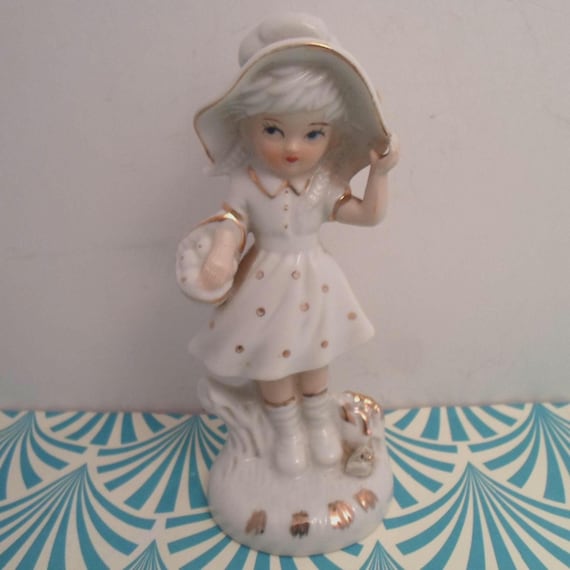 Vintage White Ceramic Girl Figurine: Gold Leaf Trim, Holly Hobby Style, 1970s