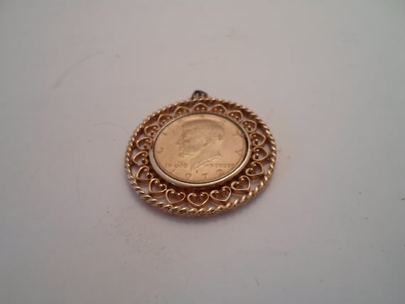 Vintage Coin Jewelry Pendant 1972 John F Kennedy Gold Plated Half Dollar in Pierced Coin Holder
