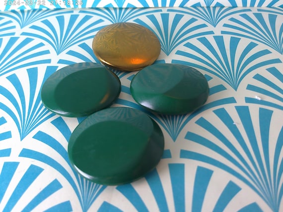 Antique Art Deco buttons 4 pc top is brass, bottom 3 deep green modernist 1.5"