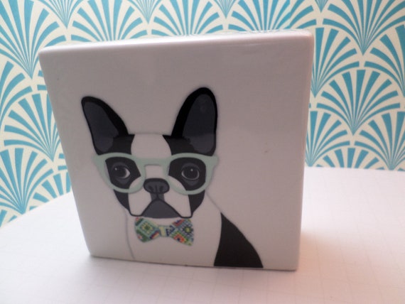 Desk top paperweight vintage 00's Rae Dunn Boston Terrier in bowtie and glasses