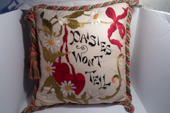 Vintage Embroidered Victorian Pillow with Talllses Ribbions Dasies Love Secret Cottage Chic