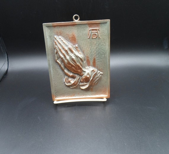 Vintage Praying Hands Plaque Albrecht Durer Style Fero Denmark Metal Distressed Design