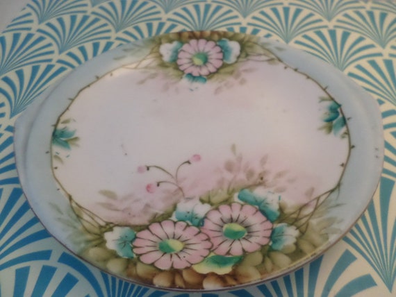 Vintage 40's Nippon Hand Painted handled cupcake bon bon dish pink blue flowers