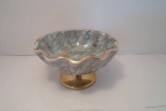 Mid Century Modern Handwork Delftware W B Leersum Made in Holland Fluted Veined Bowl on Pedestal Looks like Stangel