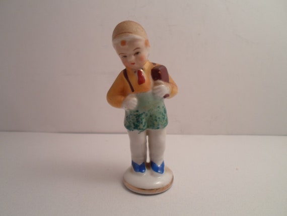 Vintage School Boy Figure Caring book Hat Suspenders Tie Adorable 1930's Art Deco