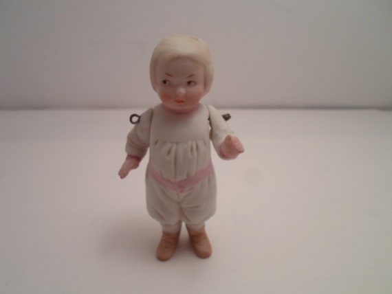 Antique All Bisque Baby Doll with Movable Arms Molded Clothing and Shoes Blonde Child Doll All Perfect Minature Baby