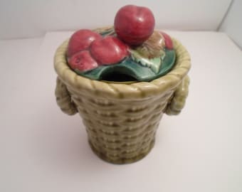 Vintage Ceramic Jam Jelly Jar Honey Sugar Pot Basket of Cherries Czechoslovakian Republic Coronet Trade mark