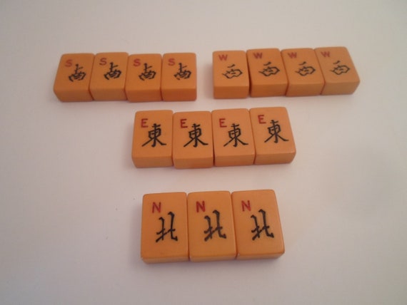 Antique 15 Mahjong Butterscotch Bakelite North South East West Game Tiles for Jewelry or Collection N S E W Symbols