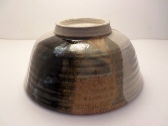 Vintage 70s Pottery Bowl: Ribbed Pedestal, Multi-Color Glaze