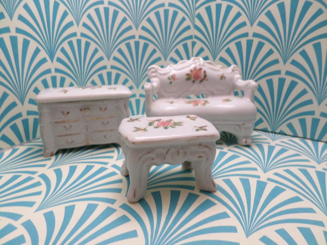 3 Piece Antique 40's Porcelain Japan Miniature Sofa, Trinket Box