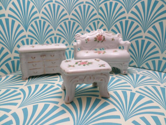 3 piece antique 40's porcelain Japan miniature sofa, trinket box dresser and table dollhouse