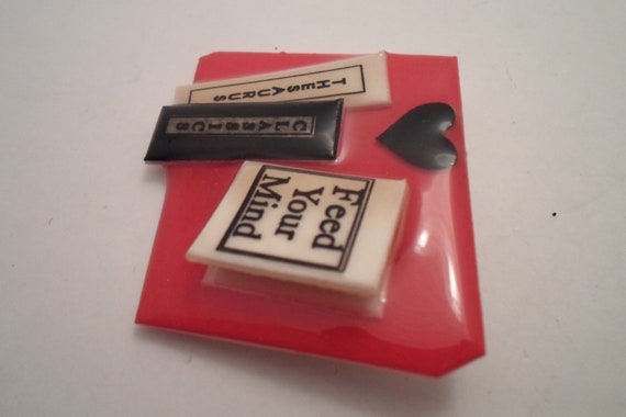 Vintage Lucite Book Pin Brooch Feed Your Mind Classic & Thesaurus books Teacher Education pro book