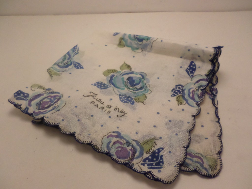 Vintage Never Used S Starched Linen Hankerchief Blue Roses Paris