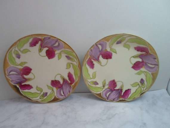 Vintage Royal Rudolstadt Prussia Plates Hand Painted Iris Flowers Purple Gold Leaf Stunning