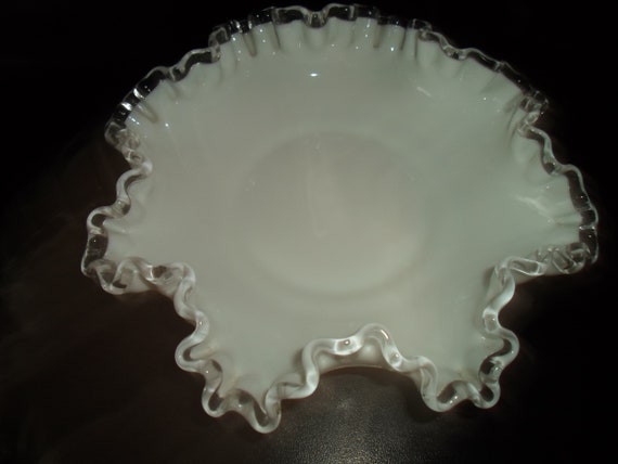 Vintage White Milk Glass Silver Crest Bowl 8"wide 2.20"h Stunning Clear edged Low Bowl