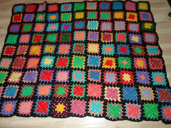 Antique Vintage Wool Blend Granny Square Afghan Cover Large Throw Super Quality