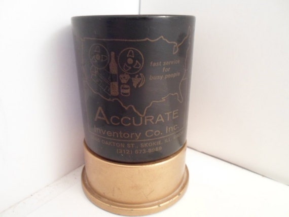 Art Deco Era Metal Advertising Cylinder Desk Top Case Tub Pens Pencils Brass Bottom Accurate Inventory Skokie Il Cool Decorator