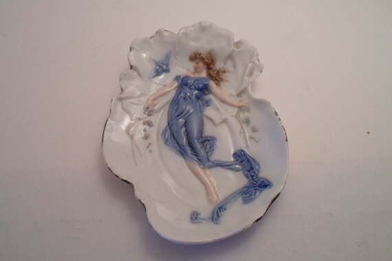 Antique Art Nouveau Pin Card Tray Lady in Blue Flowing Revealing Dress Birds and Flowers Staffordshire 6" l x 4"w .75"deep Rare Beautiful
