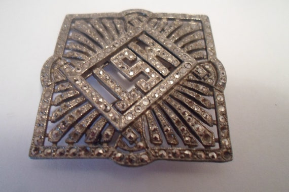 Vintage Art Deco Marcasite Pin Large 4 Corner Des… - image 5