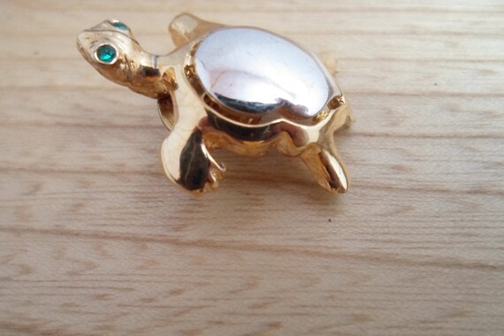 Vintage Mini Turtle Pin with Mirror Like Metal Shell Emerald Green Eyes