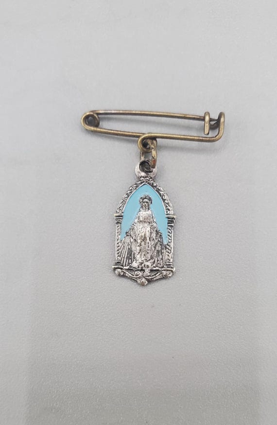 Vintage Diaper or Slip Mini Catholic Medal Safety Pin: Old Tradition Blue Enamel Blessed Virgin Mary 50's