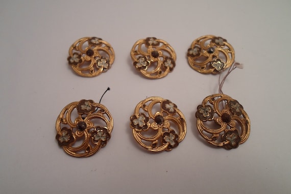 Antique Art Nouveau Buttons Open Work Brass Enameled Flowers and Marcasites Set of 6 Use or Re Purpose Fantastic Art in Buttons Chic Attire
