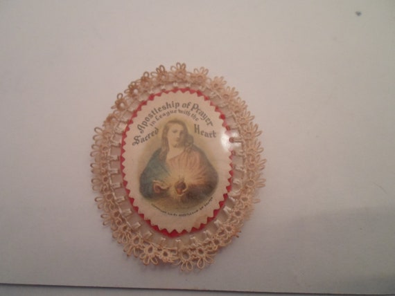 Vintage Sacred Heart Scapular Hand Tatting Edge made by Catholic nuns Spiritual Jesus Icon