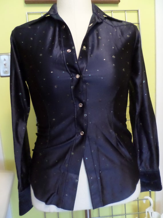 H Bar C Ranchwear Urban Cowboy era Navy Vintage 1980 western shirt size 32 ladies midnight blue glitter dot